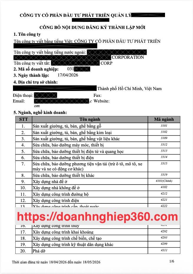 Công bố nội dung đăng ký thành lập doanh nghiệp trên cổng bố cáo điện tử (thông tin khách đã được che)