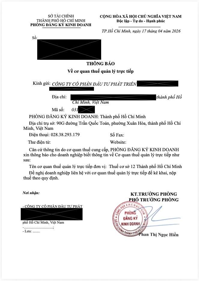 Thông báo cơ quan thuế quản lý thực tế của doanh nghiệp mới, thông tin khách hàng đã được che
