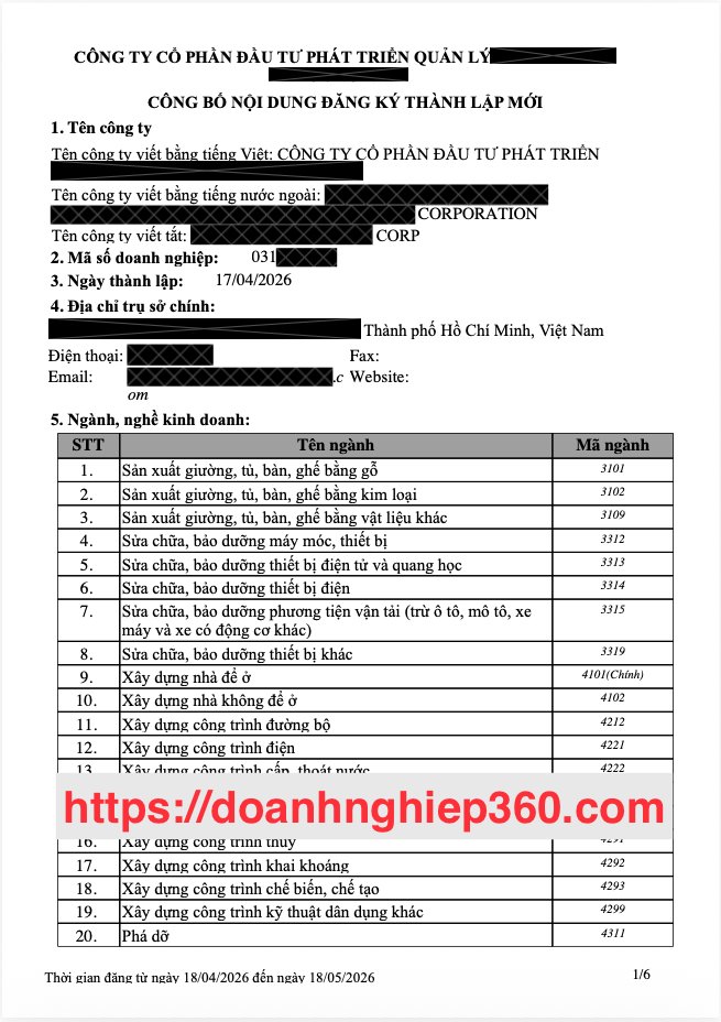 Công bố nội dung đăng ký thành lập doanh nghiệp trên cổng bố cáo điện tử (thông tin khách đã được che)